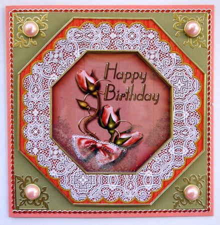 Peach Roses Birthday Octagon Lace Card Base Shaker Frame by Selina Dittmann