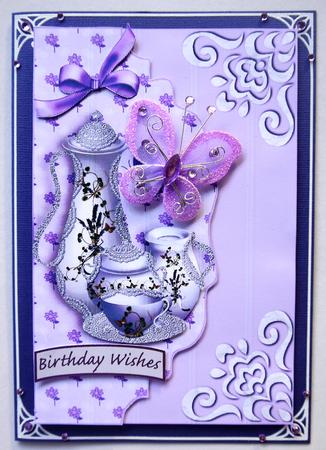 Lilac/white China Teaset, on Scalloped Envelope by Selina Dittmann