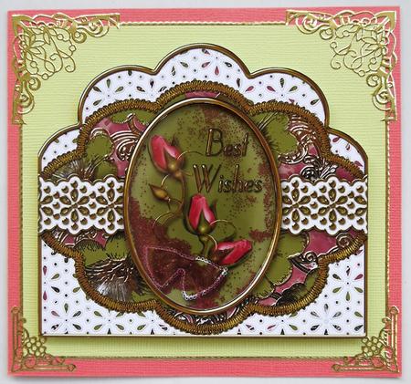 Green and Pink Rose Best Wishes Scallop Card Base Frame by Selina Dittmann