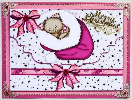 Pink Santa Hat with Kitty, on a Scalloped Envelope by Selina Dittmann