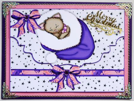 Purple Santa Hat with Kitty,on a Scalloped Envelope by Selina Dittmann