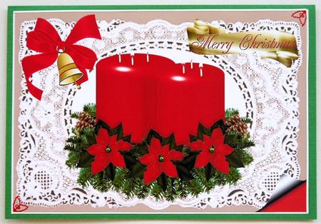 Red Christmas Candle with Holly on Vintage Lace A4 by Selina Dittmann