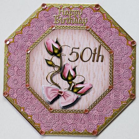 Pink Roses 50th Octagon Lace Picture Fold Card by Selina Dittmann