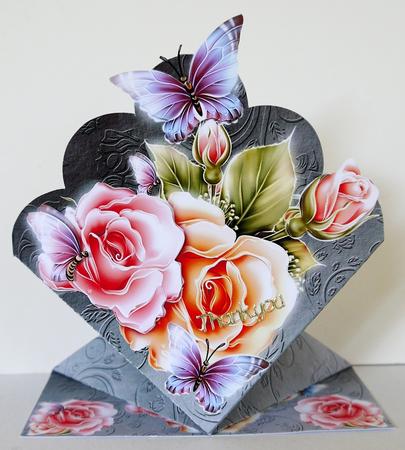 Diamond Fold Greeting Card with Roses and Butterflies by Selina Dittmann