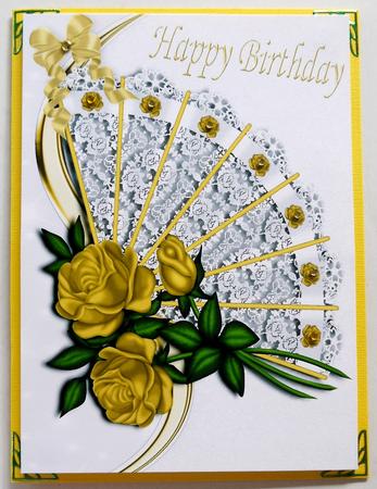 Gold Roses and Bow on a Lace Fan A4 by Selina Dittmann