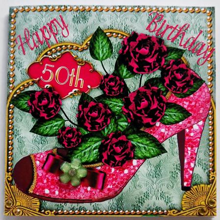 Pink Glitter Rose 50th Shoe 5inch Square Cut and Fold Card by Selina Dittmann