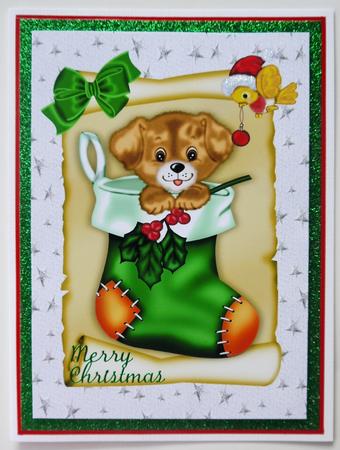 Puppy in Stocking with Green Bow and Little Bird A4 by Selina Dittmann