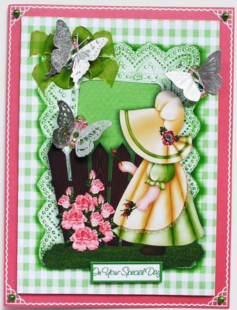 Little Bonnet Girl in Green in the Garden A4 by Selina Dittmann