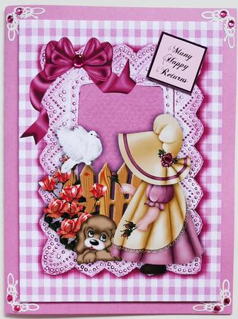 Little Bonnet Girl in Pink with Her Puppy and White Dove A4 by Selina Dittmann