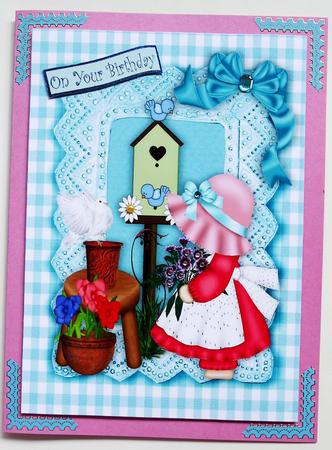 Little Bonnet Girl Gardening with Birdhouse and Dove A4 by Selina Dittmann
