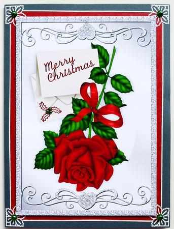 Red Rose with Christmas Bow in Silver Ornate Frame A4 by Selina Dittmann