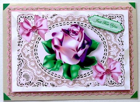 Pink Single Rose on Ecru Lace with Bows A4 by Selina Dittmann