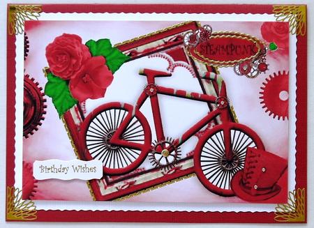 Ladies Red Bike with Hat and Rose in Steampunk Frame A4 by Selina Dittmann
