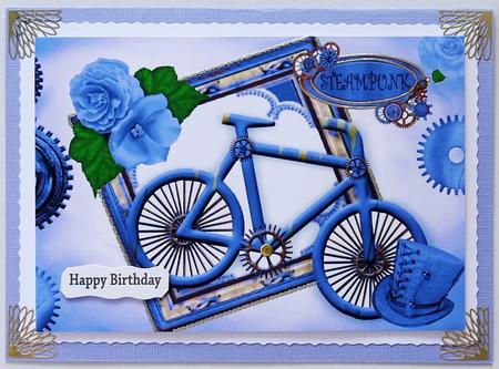 Ladies Blue Bike and Roses with Hat in Steampunk Frame A4 by Selina Dittmann
