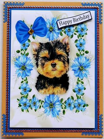 Little Yorkshire Terrier in Frame of Pretty Blue Flowers A4 by Selina Dittmann