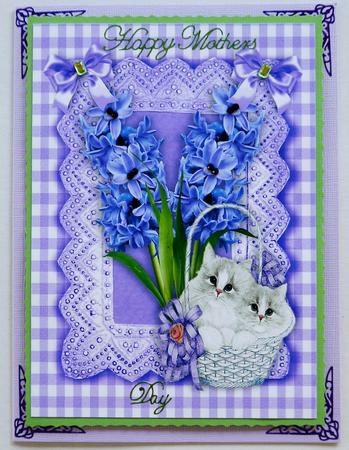 Kittens in a Basket with Bluebells in Gingham Frame A4 by Selina Dittmann
