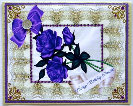 Beautiful Purple Roses on Vintage Cream Lace A4 by Selina Dittmann
