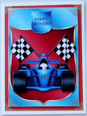 Blue Racing Car Card Front and Decoupage by Selina Dittmann
