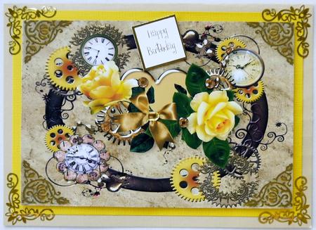 Gold Heart with Beautiful Yellow Roses in Steampunk Frame A4 by Selina Dittmann