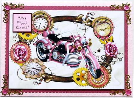Pink Motorbike in Steampunk Frame of Clocks and Roses A4 by Selina Dittmann