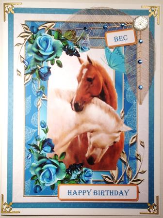 Horses Heads Entwined with Blue Roses and Butterfly A4 by Selina Dittmann