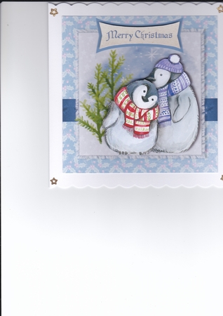 Penguins in hats and scarves christmas card topper for 6 x 6 card by Sharon Evans
