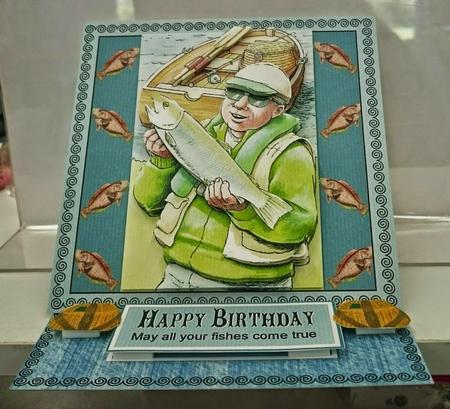Fishing Easel Card Handcut Fish Fisherman by SHARON CHAMBERLIN