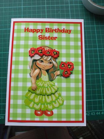 Sister Birthday Card & Gift Tag - Cute Girl with Flowers by Sharon Scott
