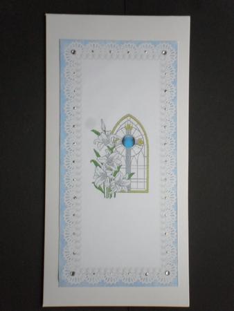 Triple Fold Lily Church Window Blue Christening Invitation by Sharon Stainforth
