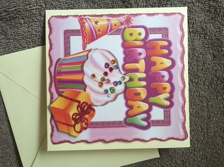 Lovely Birthday with cupcake and party hat 8x8 by Sharon Wilson