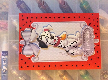 lovely black and white spotty dalmation with silver bow card front and insert by Sharon Wilson