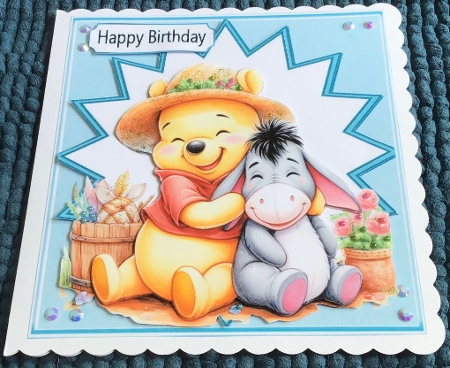 Lovely Pooh Bear With Eeyore 8x8 Card Front by Sharron Hylton