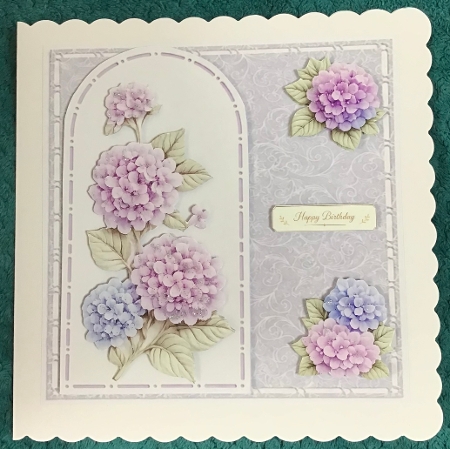 Elegant 7x7 Hydrangea Birthday Card Front – Soft Lilac & Blue Flowers by Sharron Hylton