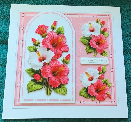 Elegant 7x7 Pink & White Hibiscus Card Front – Just for You Design by Sharron Hylton