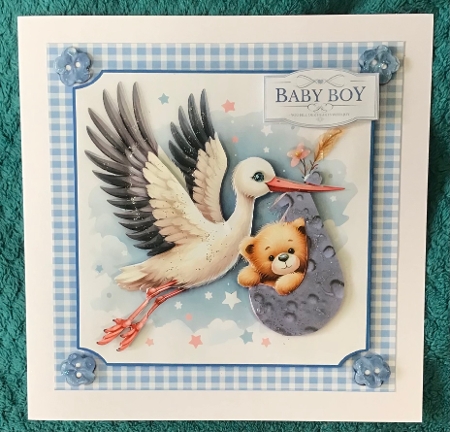 New Baby Boy and Stork Card Front with Decoupage and Insert by Sharron Hylton