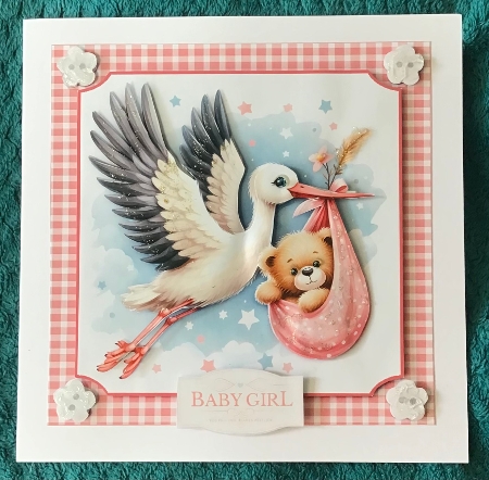 New Baby Girl and Stork Card Front with Decoupage and Insert by Sharron Hylton