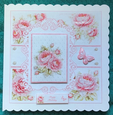 Pink Peony Floral Card Topper – Elegant 7x7 Lace Frame Design by Sharron Hylton