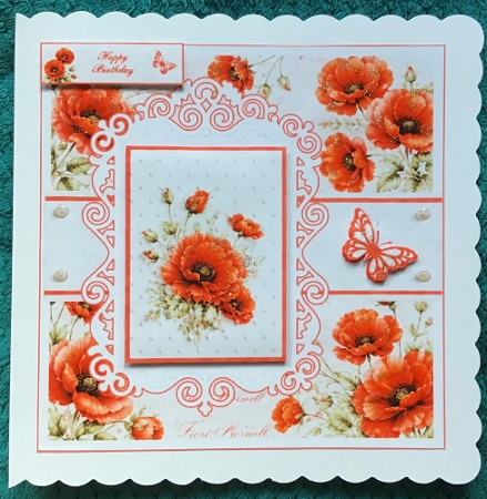Red Poppy Floral Card Topper – Elegant 7x7 Lace Frame Design by Sharron Hylton