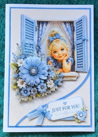 Blue Window & Cute Girl Just For You Card Topper by Sharron Hylton