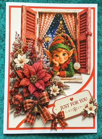 Christmas Elf in Festive Window Just For You Card Topper by Sharron Hylton
