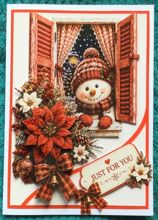 Snowman in Festive Window Just For You Christmas Card Topper by Sharron Hylton