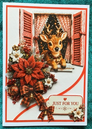 Cute Reindeer in Festive Window Just For You Christmas Card Topper by Sharron Hylton