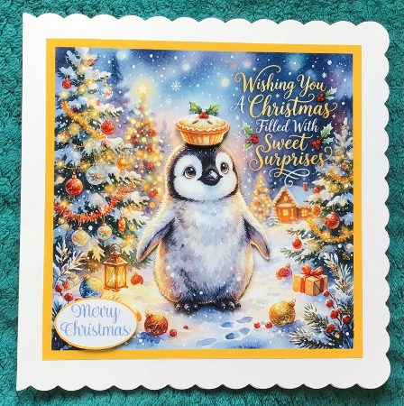 Penguin & Mince Pie Christmas 7 x 7 Card by Sharron Hylton