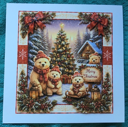 Whimsical Christmas Bears – Festive Tree & Cozy Winter Cabin Scene by Sharron Hylton