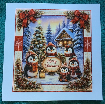 Whimsical Christmas Penguins – Festive Tree & Cozy Winter Cabin Scene by Sharron Hylton