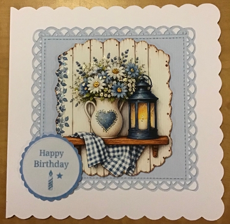 Rustic Blue Happy Birthday Card Topper – Lantern & Daisy Bouquet by Sharron Hylton