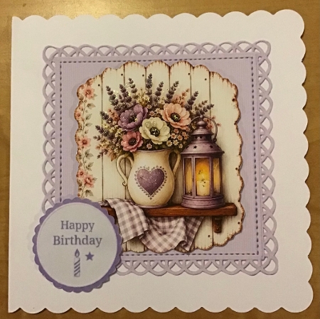 Lavender Happy Birthday Card Topper – Rustic Vase & Lantern Design by Sharron Hylton