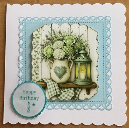 Green Rustic Happy Birthday Card Topper – Lantern & Floral Vase by Sharron Hylton