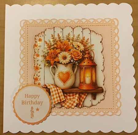 Peach Rustic Happy Birthday Card Topper – Lantern & Floral Pitcher by Sharron Hylton