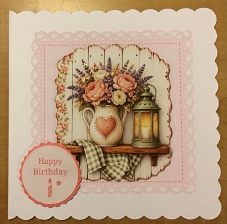 Pink Rustic Happy Birthday Card Topper – Floral Pitcher & Lantern by Sharron Hylton